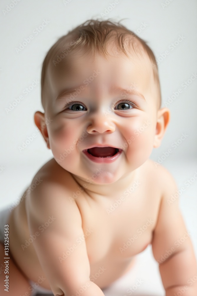 Happy Baby Smiling Brightly with Gums Showing on White Background