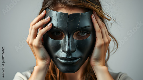 Woman removing a cracked mask from her face, symbolizing the concept of revealing one's true self or hidden emotions
