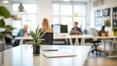 Modern Office Space with Green Plant and People Collaborating