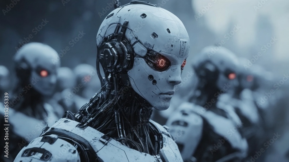 Fototapeta premium A Row of Futuristic Robots in a Sci-Fi Setting