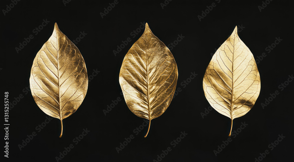 Obraz premium Three gold leaves on black background.