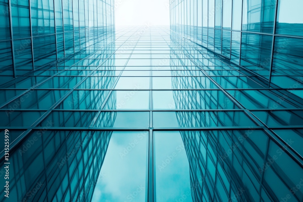 Obraz premium Contemporary Glass Skyscraper Facade Reflecting Blue Sky and Urban Landscape from Below