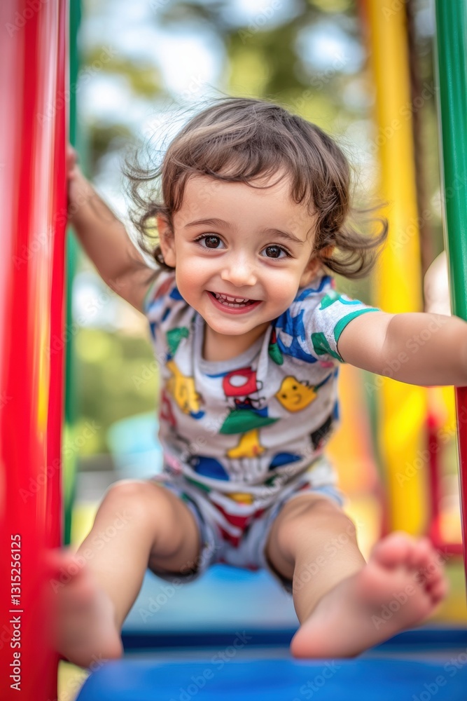 Happy child playing in playground in Spring Happy child playing in playground in Spring