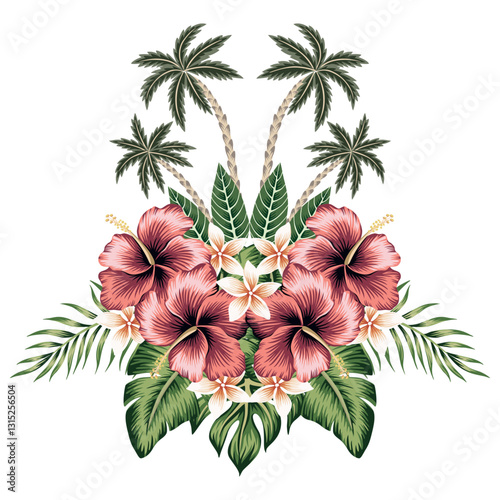 Tropical hibiscus flower, palm leaves, palm tree vintage floral illustration. Exotic summer print.