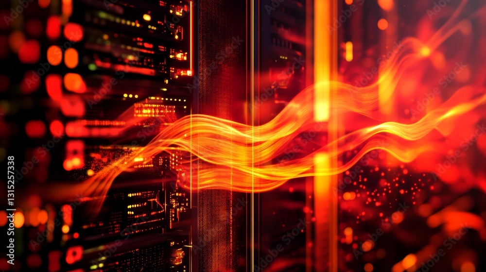 This abstract image showcases vibrant orange and red data flow, creating a dynamic blend of energy. The illuminated waves convey technology and digital innovation.