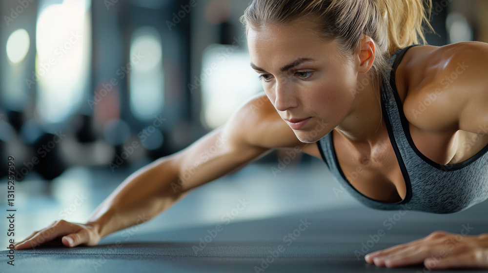 Focused individual performing plank exercise in gym Focused individual performing plank exercise in gym
