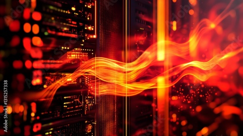 Obraz na płótnie This abstract image showcases vibrant orange and red data flow, creating a dynamic blend of energy. The illuminated waves convey technology and digital innovation. w salonie