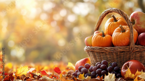 Autumn harvest basket filled with seasonal produce in nature scene