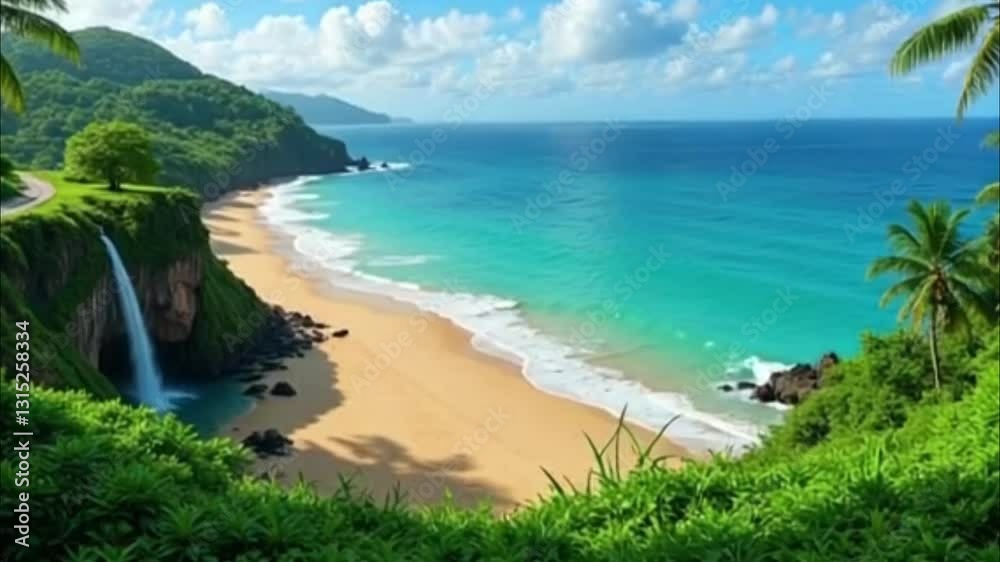 flying over the green tropical ocean coast with a magnificent beach with yellow sand, azure water and light waves, road along the coast, white clouds in the sky, a narrow stream falls from a cliff int flying over the green tropical ocean coast with a magnificent beach with yellow sand, azure water and light waves, road along the coast, white clouds in the sky, a narrow stream falls from a cliff int