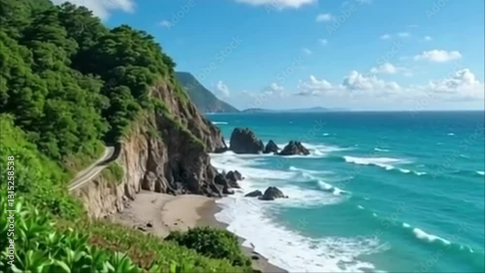 flying over the green tropical ocean coast with a magnificent beach with yellow sand, azure water and light waves, road along the coast, white clouds in the sky, a narrow stream falls from a cliff int flying over the green tropical ocean coast with a magnificent beach with yellow sand, azure water and light waves, road along the coast, white clouds in the sky, a narrow stream falls from a cliff int