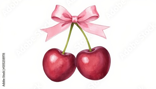 Watercolor burgundy cherries on the white background