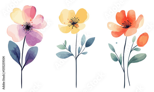 Minimalist Watercolor Floral Vector Art With Delicate Pastel Flowers and Leaves Design