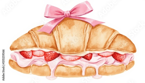 Croissant with cream, strawberries and pink bow 