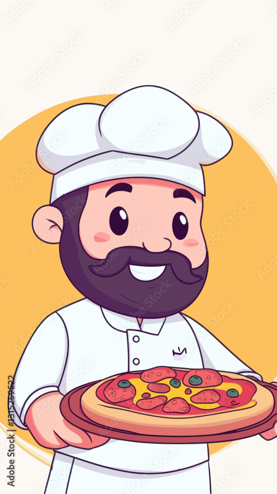 Cartoon Pizza Chef Mascot Holding Delicious Pizza in Flat Minimalist Vector Style Cartoon Pizza Chef Mascot Holding Delicious Pizza in Flat Minimalist Vector Style