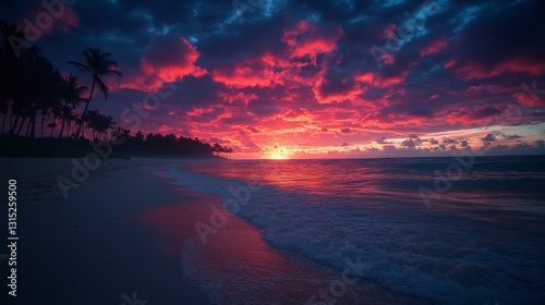 A stunning sunset casts its glow on calm waves, surrounded by towering palm trees, evoking a sense of tropical paradise