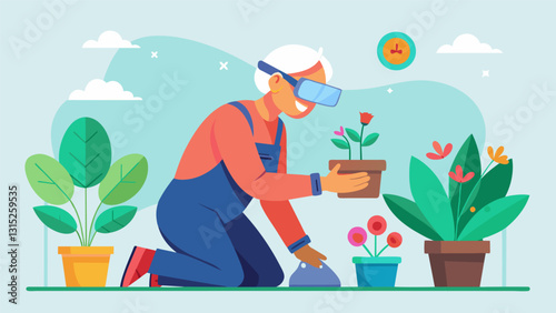 A virtual reality gardening experience where seniors can plant and care for virtual gardens with ease and no physical strain.. Vector illustration