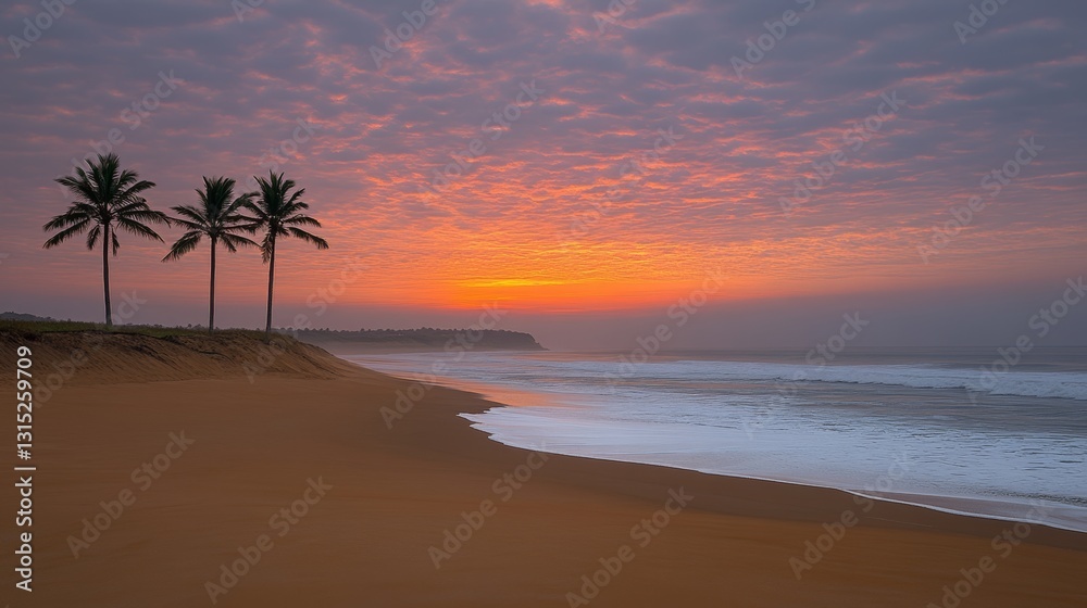 Fototapeta premium A brilliant sunset over the coast, showcasing palm trees in silhouette against a colorful sky glowing with pink, purple, and orange