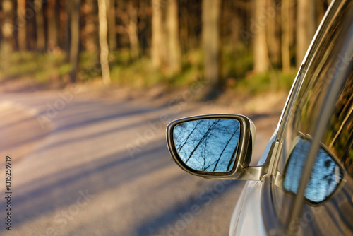 A car's side mirror reflects a view of a forest with tall trees. The edge of the car is partially visible, parked or moving along a paved road that curves gently.
