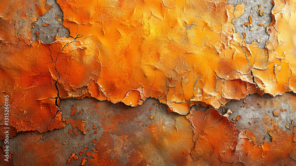 Naklejka premium Peeling orange paint on a weathered surface. Cracked, textured, and distressed.