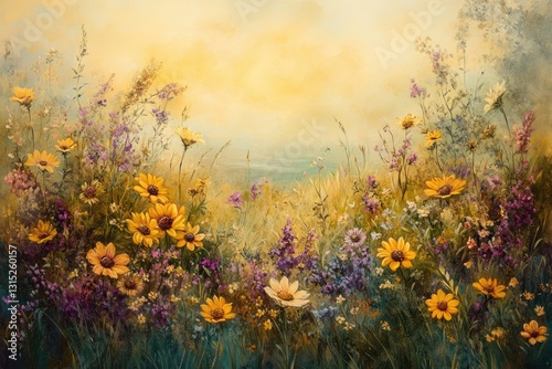 Vibrant wildflowers bloom in a sun-drenched meadow, creating a serene and picturesque landscape.