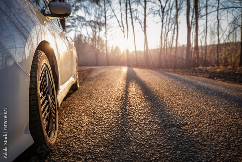 A car's side mirror reflects a view of a forest with tall trees. The edge of the car is partially visible, parked or moving along a paved road that curves gently.