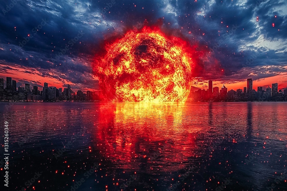 Fototapeta premium Bright explosion lights up a dramatic skyline at sunset over calm water reflecting fiery colors