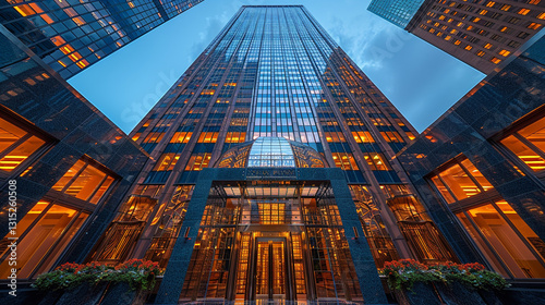 Wallpaper Mural Low angle view of a modern skyscraper's entrance at twilight, illuminated windows and facade. Torontodigital.ca