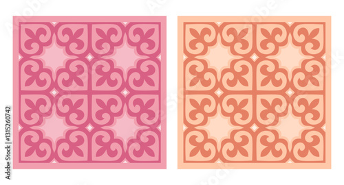 Traditional Kazakh ornamental pattern in warm pink and orange tones. Seamless vector tile design inspired by Central Asian decorative motifs. Perfect for textile, wallpaper, or cultural-themed project