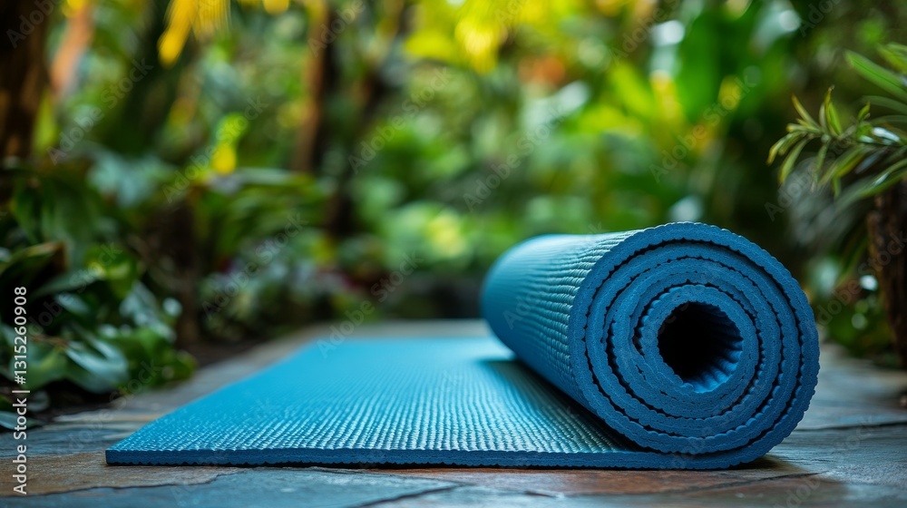 Fototapeta premium Placed on a wooden floor in a bright and tranquil environment, a rolled yoga mat is encircled by rich greenery