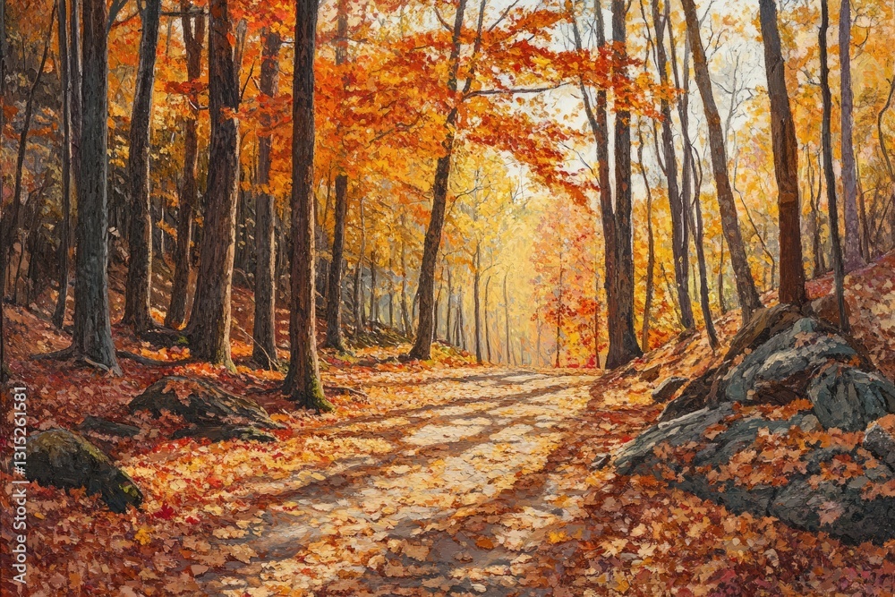 Fototapeta premium Sunlit autumn path through a vibrant forest with fallen leaves and tall trees.