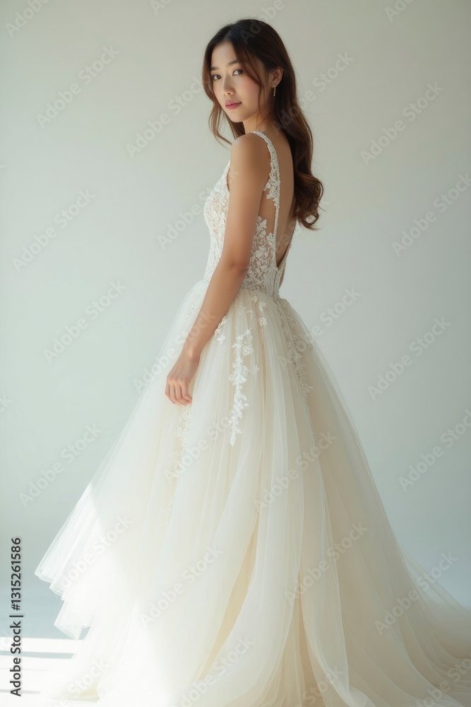 Elegant Asian Woman Wearing Wedding Dress Looking Over Shoulder Smiling Elegant Asian Woman Wearing Wedding Dress Looking Over Shoulder Smiling
