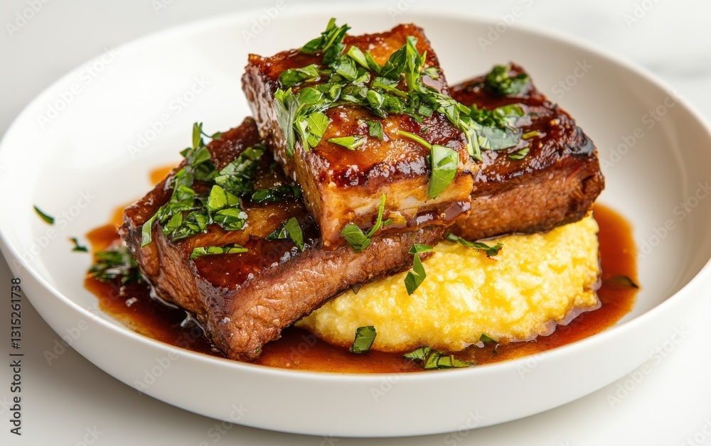 Succulent braised short ribs served on creamy polenta with fresh herb garnish Succulent braised short ribs served on creamy polenta with fresh herb garnish