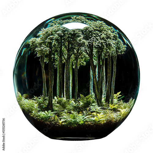 Miniature cute forest inside glass paperweight isolated on white background
