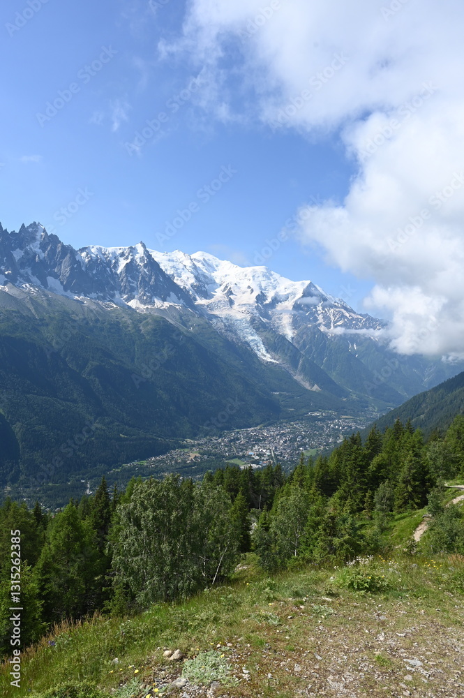 Fototapeta premium Mont Blanc-Gruppe ueber dem Tal von Chamonix