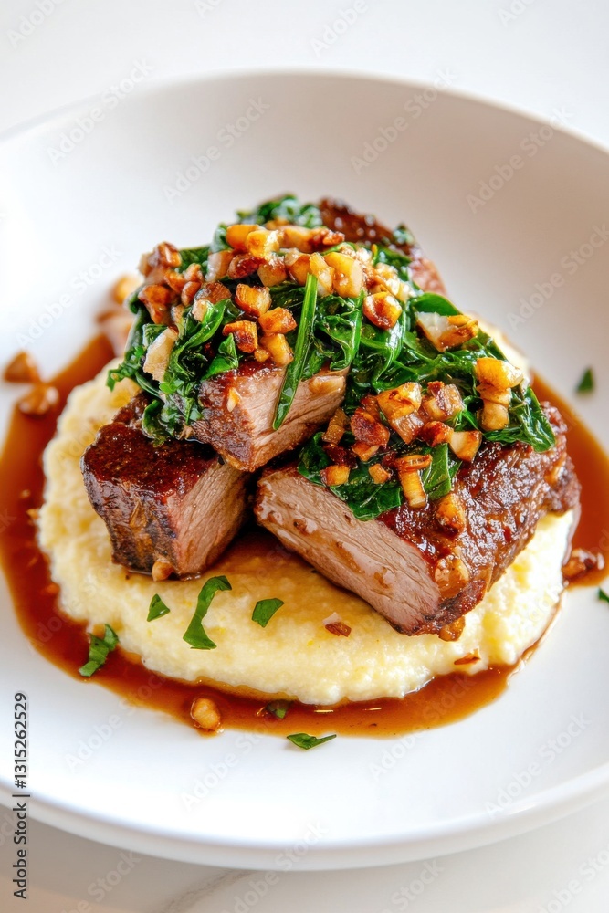 Succulent braised short ribs served over creamy polenta with sautéed greens and garnished with chopped nuts Succulent braised short ribs served over creamy polenta with sautéed greens and garnished with chopped nuts