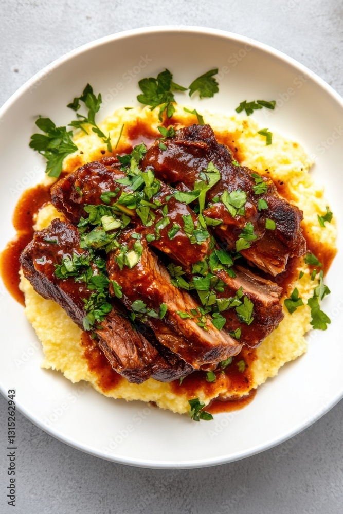 Tender braised short ribs served on a bed of creamy polenta with fresh herbs and rich sauce for a delightful meal experience Tender braised short ribs served on a bed of creamy polenta with fresh herbs and rich sauce for a delightful meal experience