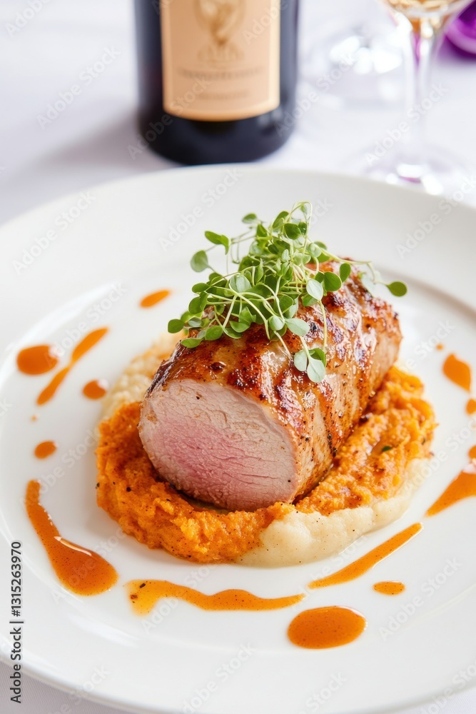 Cider-glazed pork tenderloin with spiced puree served elegantly in a fine dining setting Cider-glazed pork tenderloin with spiced puree served elegantly in a fine dining setting