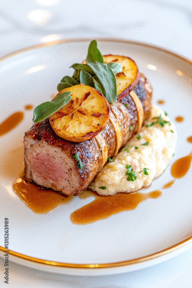 Cider-glazed pork tenderloin with spiced fruit on creamy mashed potatoes garnished with herbs Cider-glazed pork tenderloin with spiced fruit on creamy mashed potatoes garnished with herbs