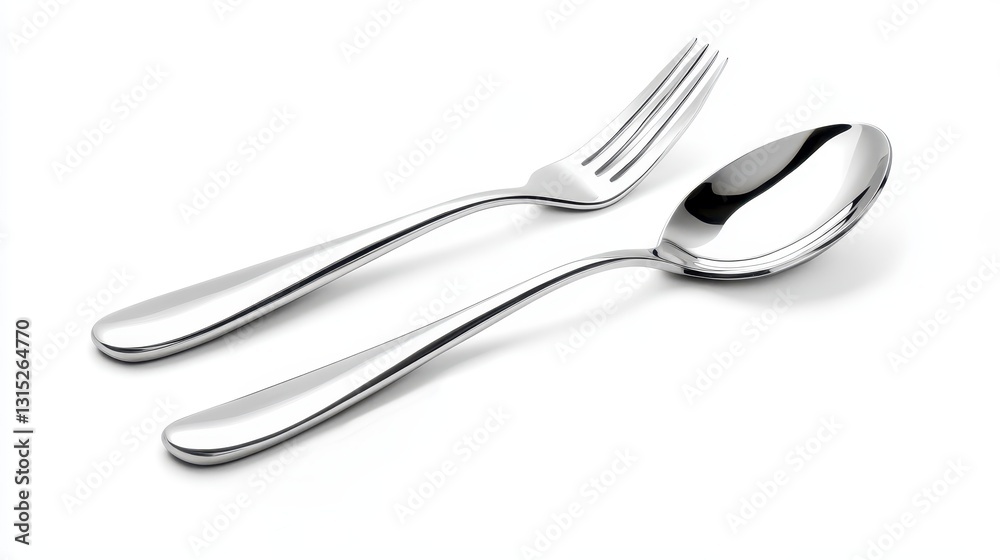 A shiny silver spoon and fork, elegantly placed on a white plate with a napkin beside them, on a white isolated background A shiny silver spoon and fork, elegantly placed on a white plate with a napkin beside them, on a white isolated background