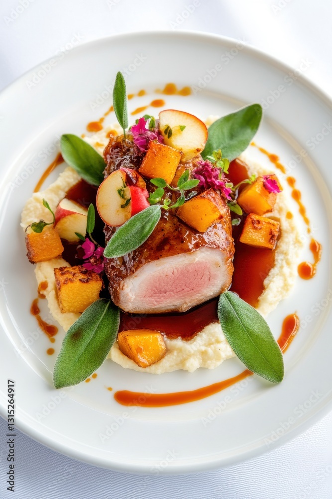 Apple cider-glazed pork tenderloin served with creamy puree and fresh vegetables in a gourmet presentation Apple cider-glazed pork tenderloin served with creamy puree and fresh vegetables in a gourmet presentation