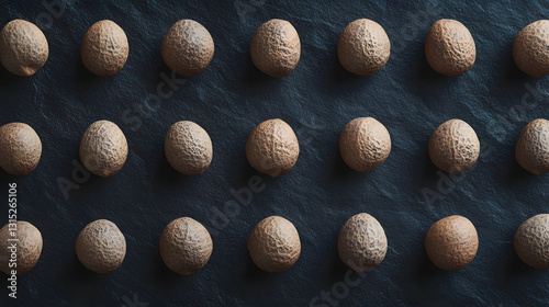 Whole nutmeg arranged evenly on a dark background, emphasizing their organic, earthy texture and shape.