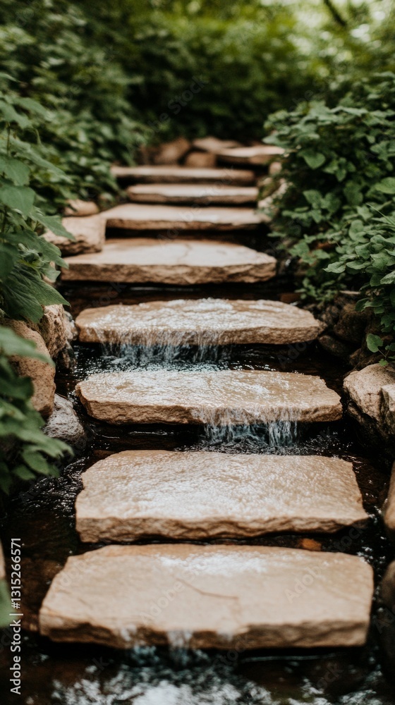 Stone steps pathway cascading water garden Stone steps pathway cascading water garden