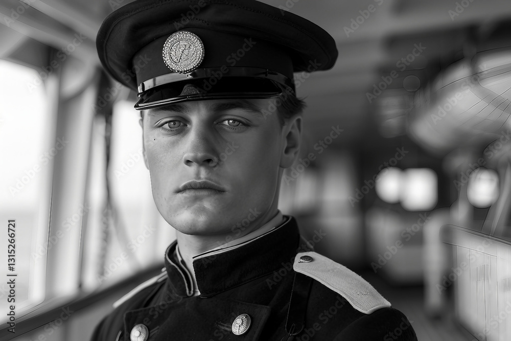 Generative AI portrait of a ship captain in uniform, standing near boats at the marina, professional maritime theme Generative AI portrait of a ship captain in uniform, standing near boats at the marina, professional maritime theme