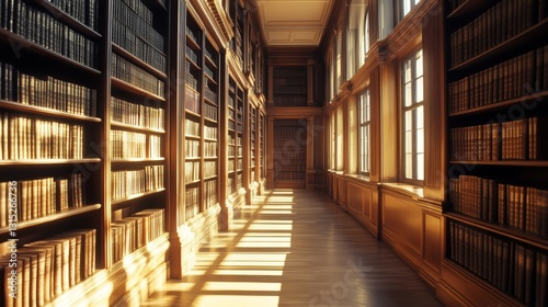 A captivating interior of a classic library bathed in warm light. Rows of bookshelves create a tranquil atmosphere ideal for reading and study.