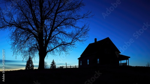 Mystical Night Farm House Silhouette Against a Deep Blue Evening Sky