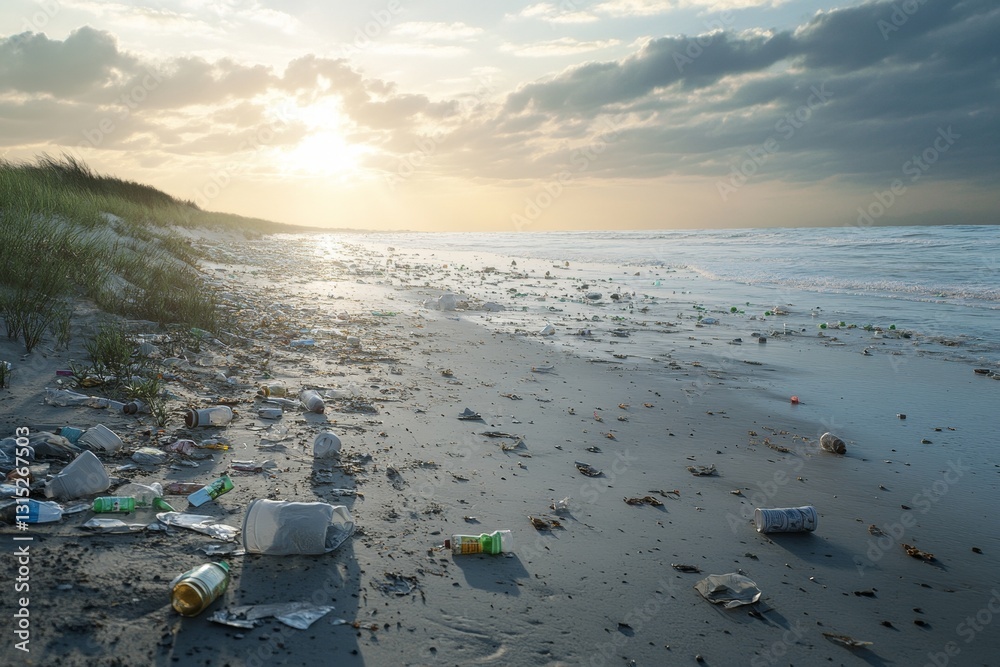 Image of a beach littered with plastic waste under a stunning sunset. The scene highlights the urgent need for environmental conservation and cleanup efforts. Image of a beach littered with plastic waste under a stunning sunset. The scene highlights the urgent need for environmental conservation and cleanup efforts.