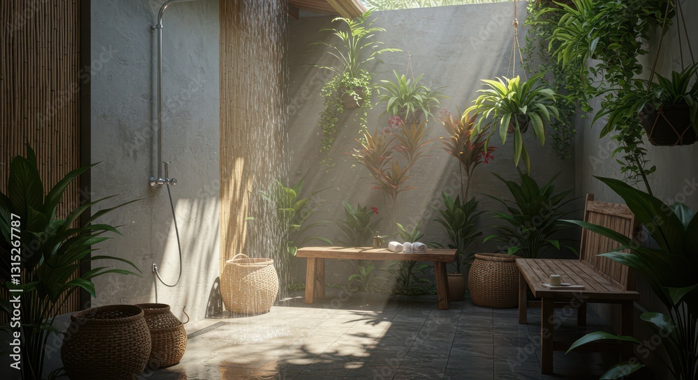 Obraz premium Enjoying Tropical Outdoor Shower with Plants and Sunlight Creates Serene Spa