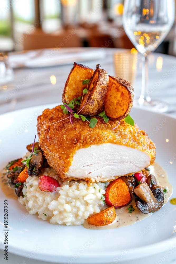 Delicious dish with crusted fish, vegetables, and wine set in a bright dining area during lunch or dinner