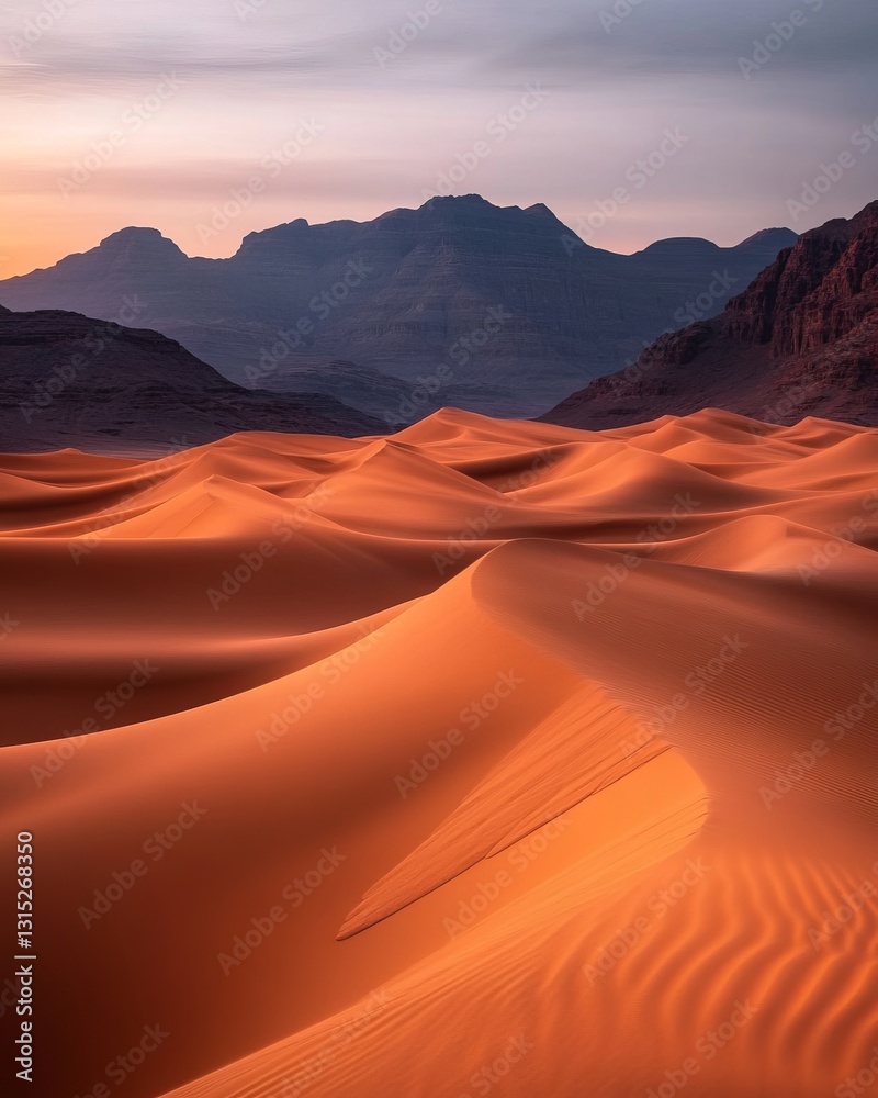 Naklejka premium Sunrise over desert dunes, mountains in the background. Possible use travel brochure, nature calendar