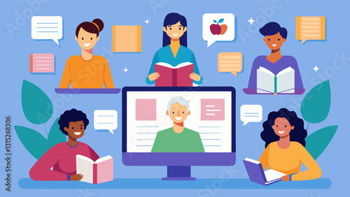 In a virtual meeting the book club members connected via screens to continue their discussions and maintain their sense of community despite not being able to gather in person.. Vector illustration